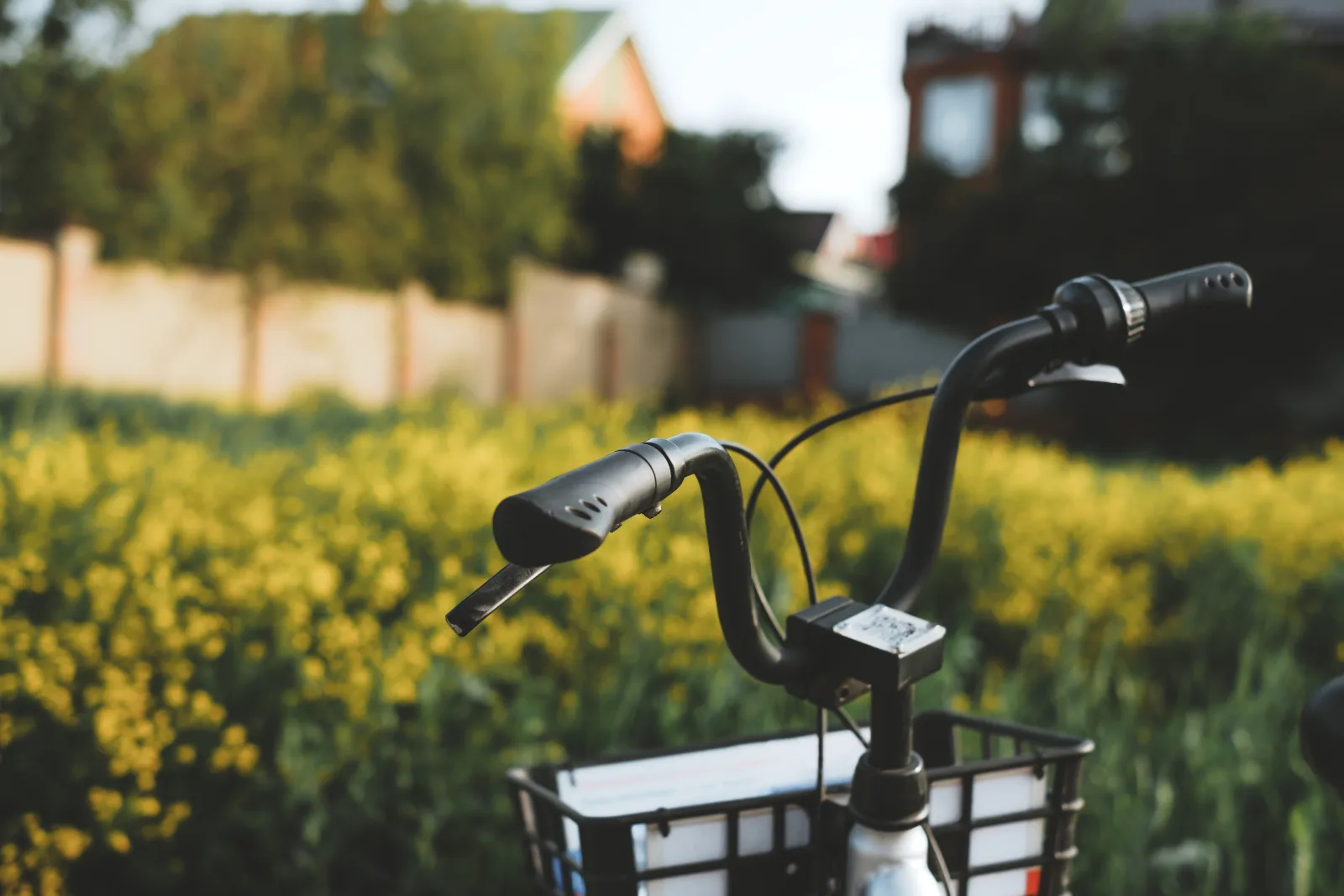 Elcykelstyr med kurv foran i en blomstrende have