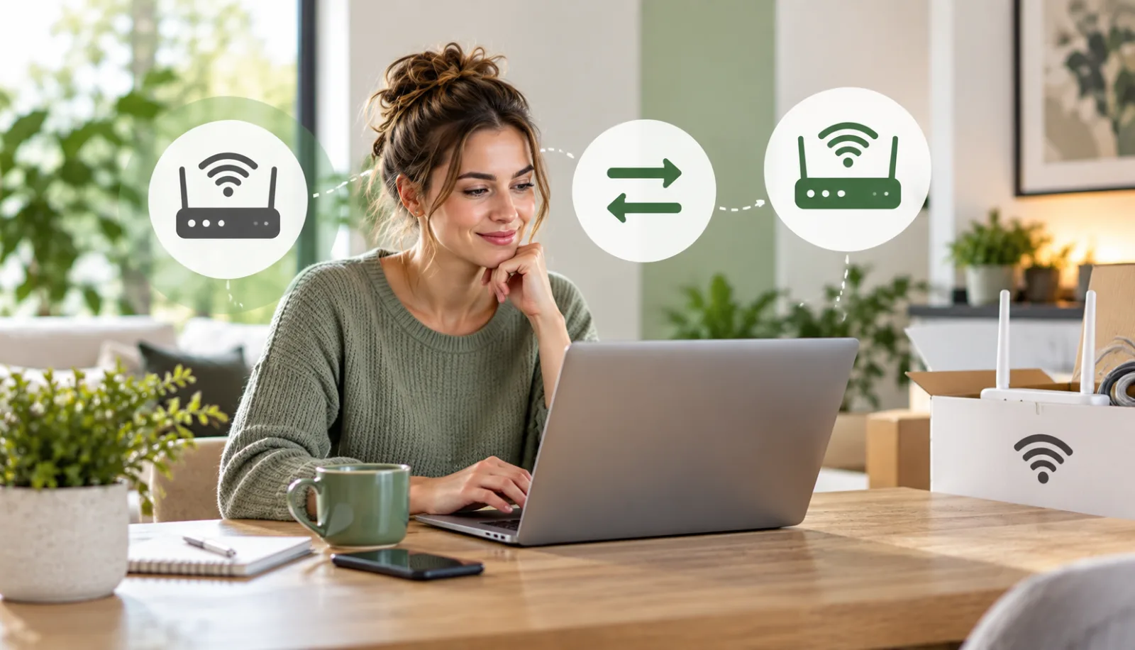 Kvinde ved laptop med wifi-routerikoner og pile, der illustrerer skift af internetudbyder