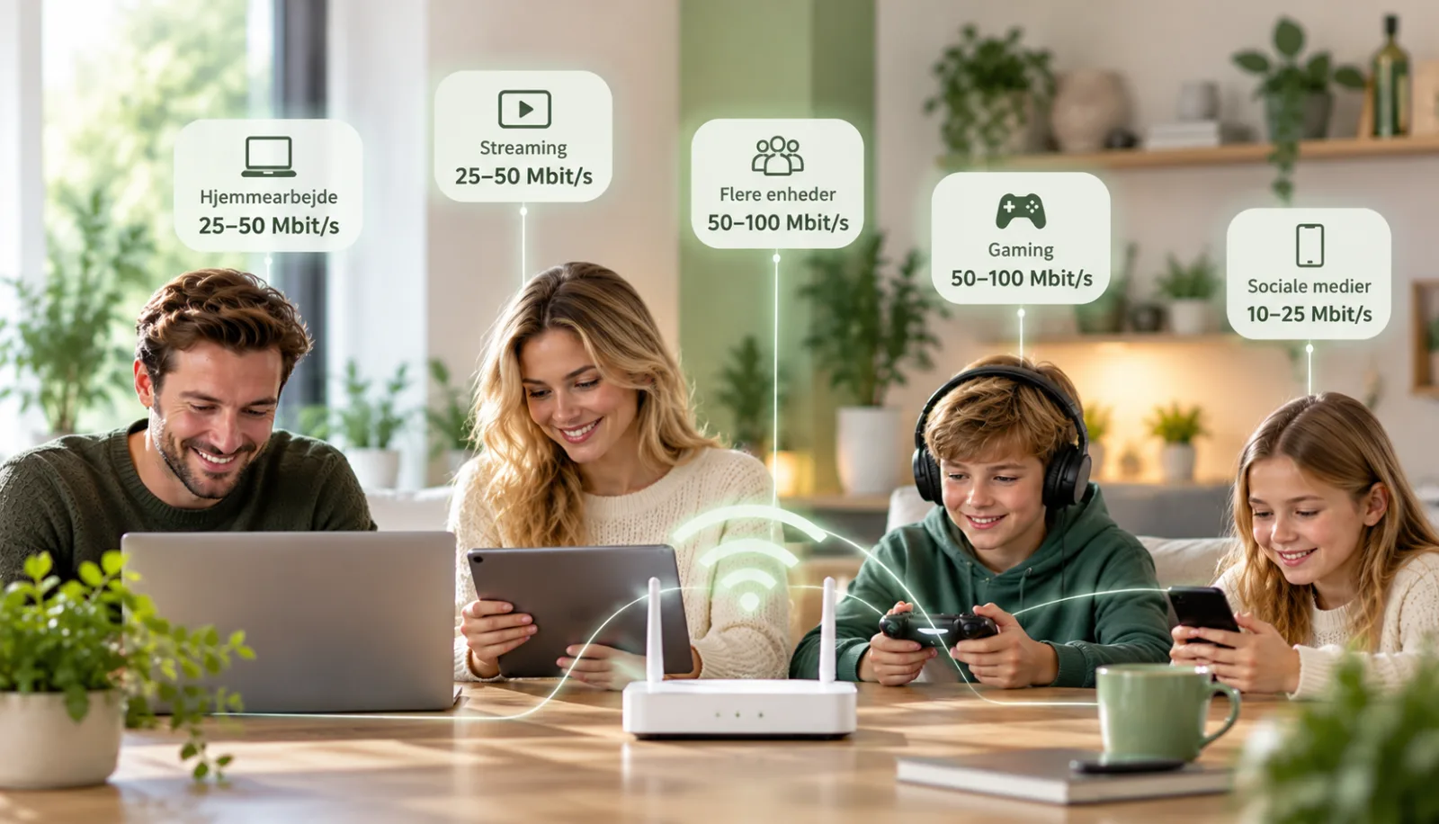 Familie bruger laptop, tablet, gaming og mobil ved wifi-router med internetbehov og hastigheder vist