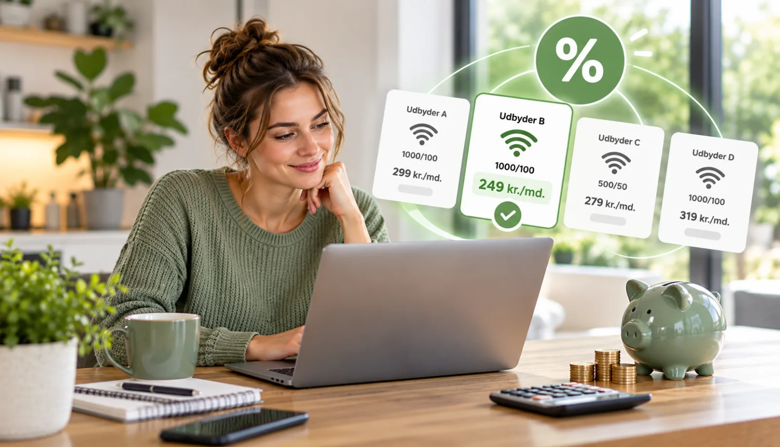 Kvinde sammenligner internetpriser på laptop ved bord med sparegris og mønter