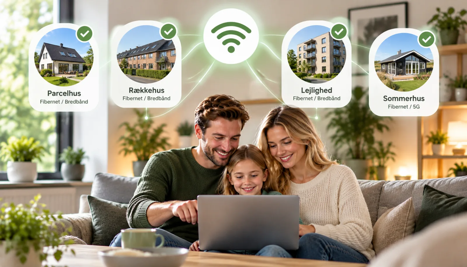 Familie bruger laptop i stue med ikoner for fibernet, bredbånd, 5G og boligtyper