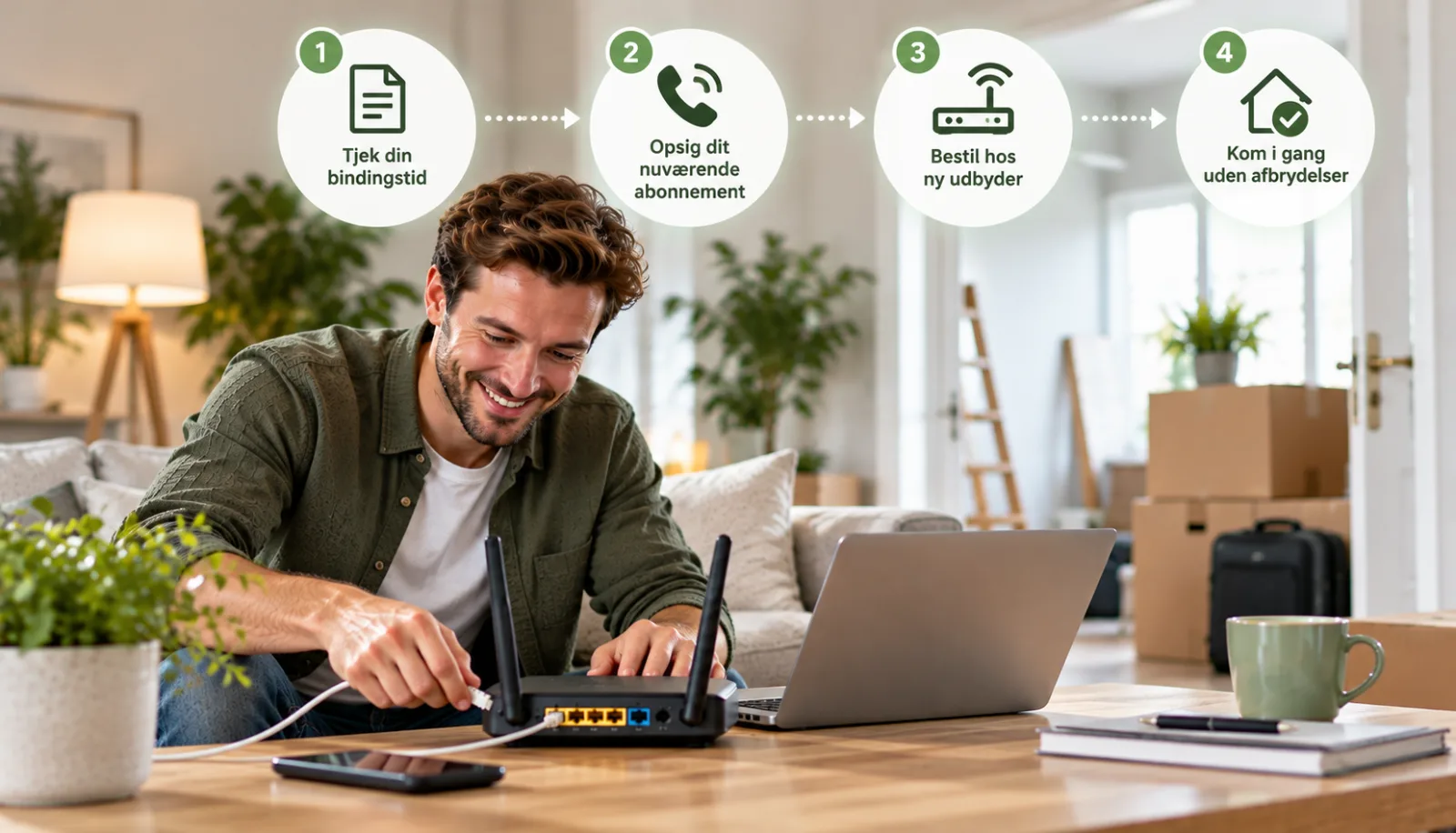 Mand kobler router til laptop i hjemmet med trin for skift af internetudbyder