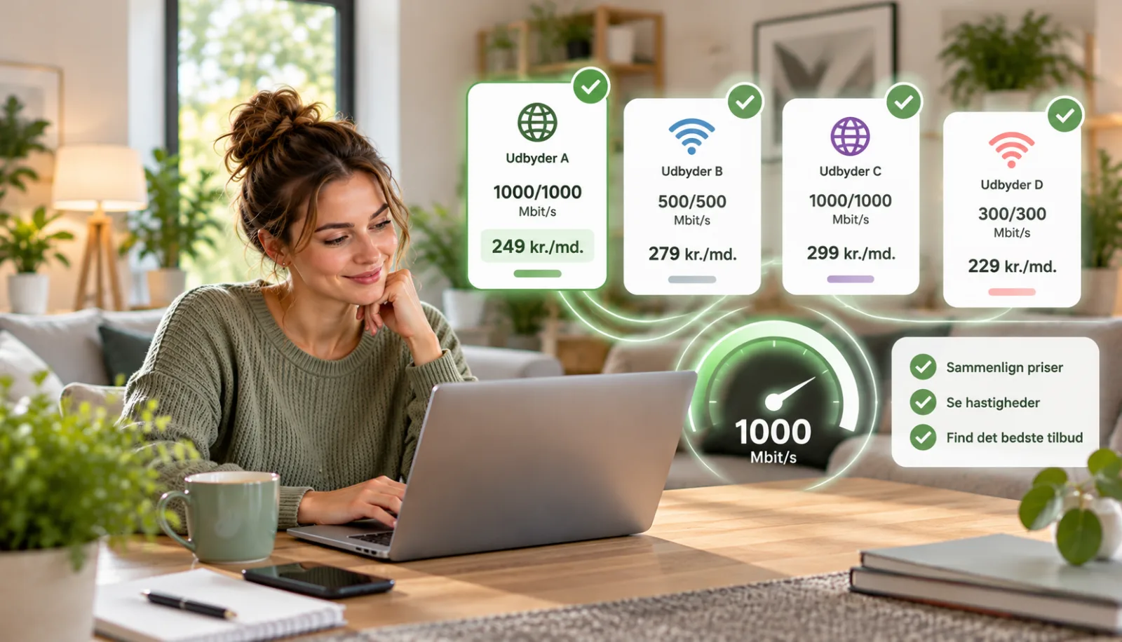 Kvinde bruger laptop ved sammenligning af internetpriser og hastigheder på 1000 Mbit/s og 500 Mbit/s
