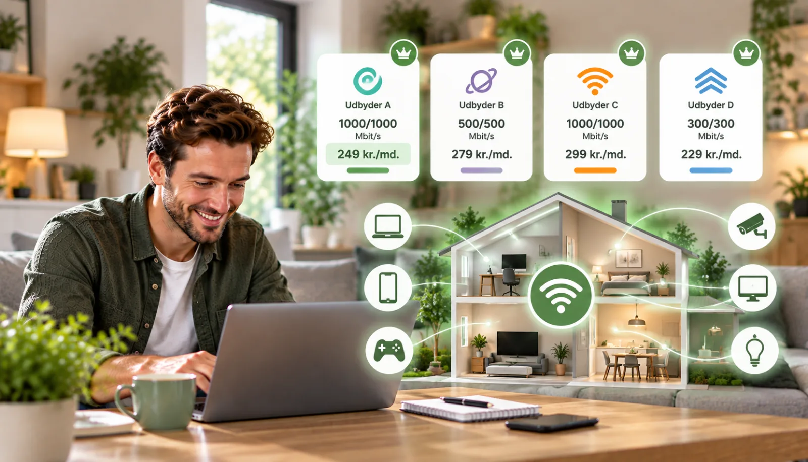 Mand på sofa med laptop og grafisk sammenligning af internetudbydere og Wi-Fi i hjemmet