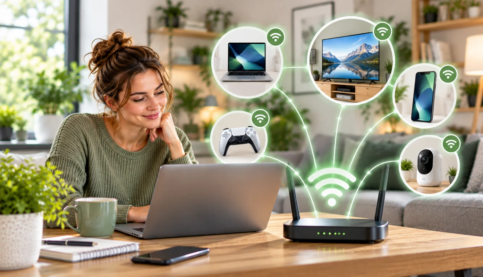 Kvinde bruger laptop ved Wi‑Fi-router med tilsluttede enheder som tv, mobil, tablet og kamera